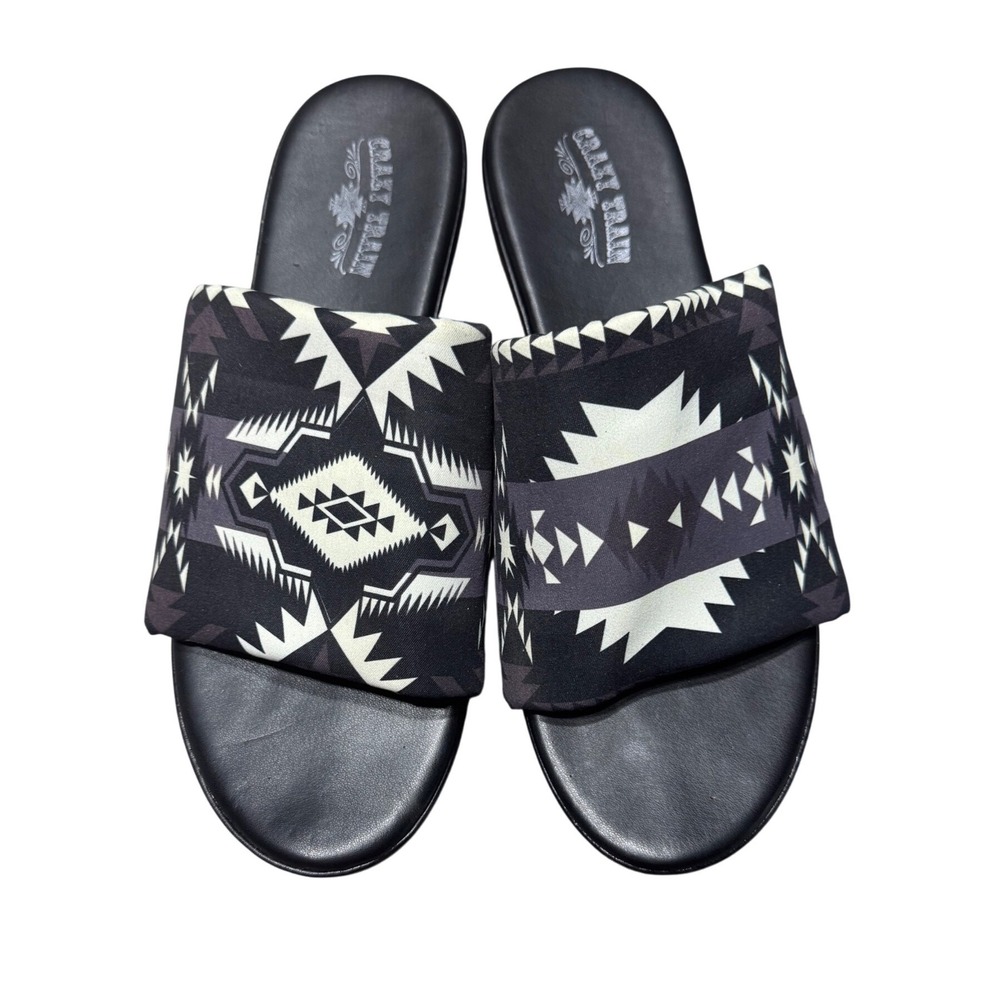 Crazy Train Platform Sandals Womens 9 Southwestern Print Black Wedge Slides Boho